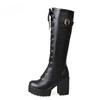 Lace Up Knee High Boots Women's Fashion White Round Toe Square Heel Knight Boots Winter Platform PU Women Shoes Large Size 42 43