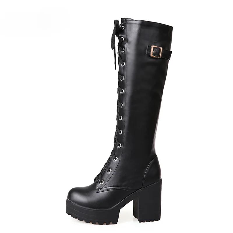 Lace Up Knee High Boots Women's Fashion White Round Toe Square Heel Knight Boots Winter Platform PU Women Shoes Large Size 42 43