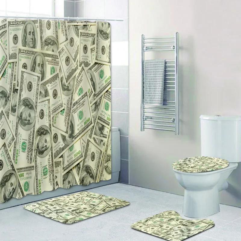 Us Dollar Bill Banknotes Bathroom Shower Curtain Set For Money Currency Notes Bath Mat Rug Toilet Carpet Home Decor