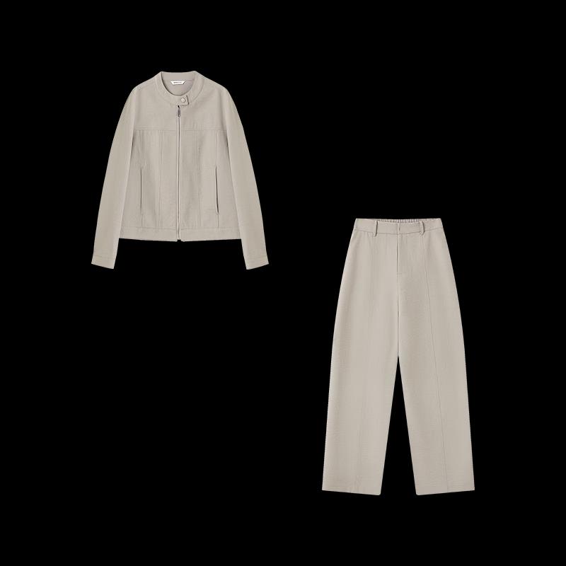 Completo Giacca Corta con Collo alla Coreana e Pantaloni a Gamba Dritta