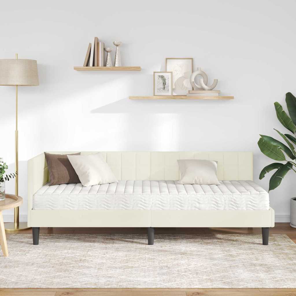 Corner Bed Frame with Mattress and Headboard 2 Pcs Cream Velvet