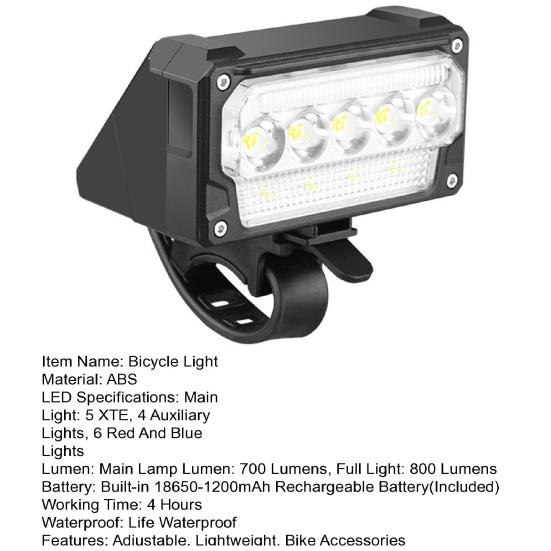 Bicycle Headlight Digital Display 5 Modes Adjustable Lightweight Waterproof Rechargeable MTB Road Mountain Bike Night Riding LED Front Lamp