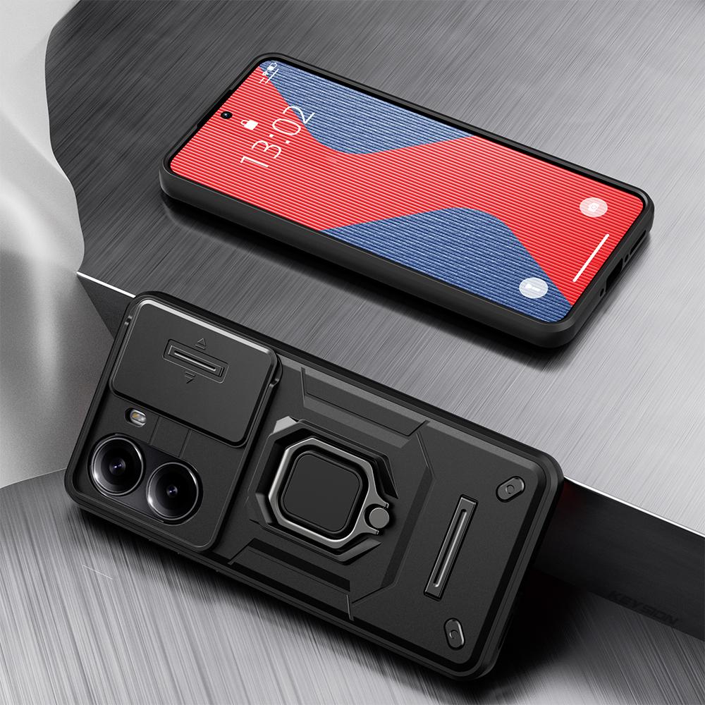KEYSION Shockproof Armor Case for Xiaomi POCO X7 Pro Slide Camera Lens Protection Ring Stand Phone Back Cover for Redmi Turbo 4