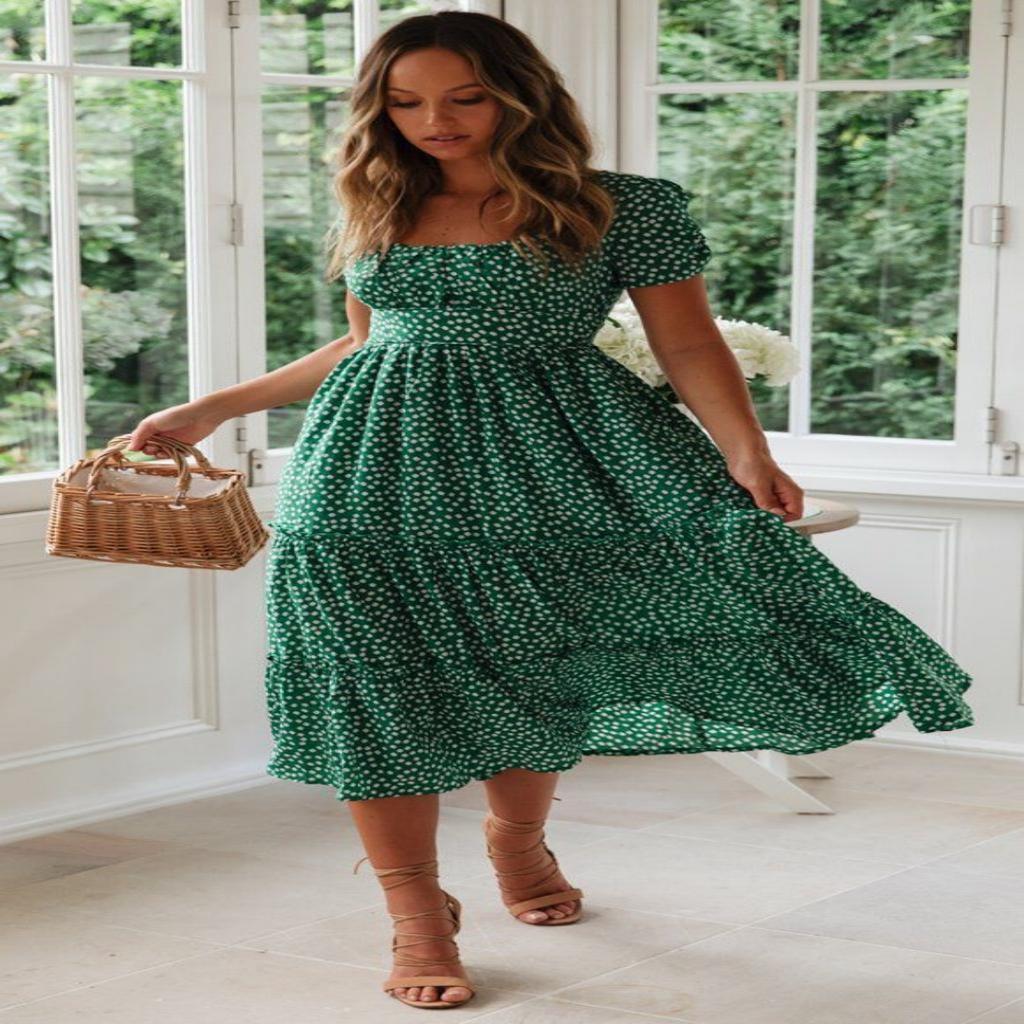 Vestidos Vintage Vintage Print Puff Sleeve Summer Beach Sweet Dresses Casual Square Collar Floral Maxi Long Dress Festa