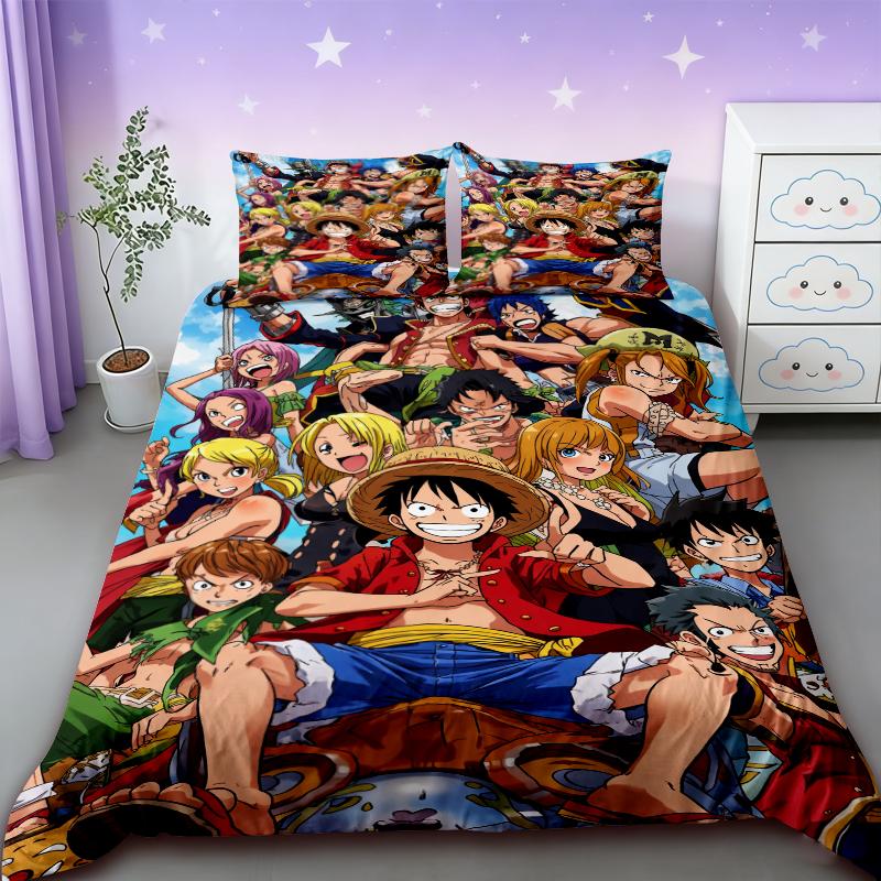 Duvet Cover One Piece Kids Cartoon Luffy Bedding Set with 2 Pillowcases Soft and Cozy Bedroom Bed Decor Teens Boys Best Gifts