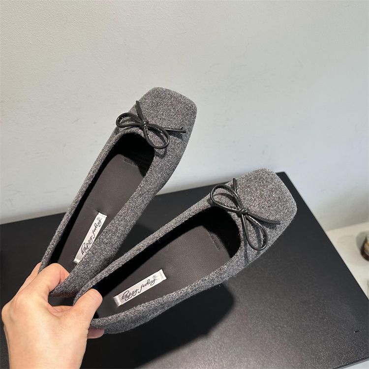 Gentle Cream Tie Bow Flat Shoes Lazy One Pedal Shallow Mouth Square Head Flat Heel Single Shoes Fluffy Shoes Suede Shoes