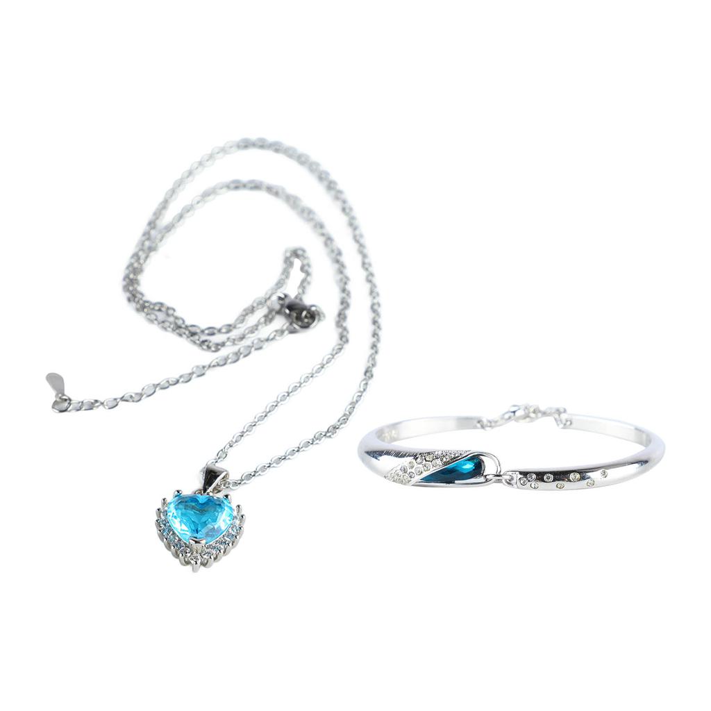 Blue Rhinestone Bracelet Necklace Set Women Fashionable Electroplated Imitation Platinum Bracelet Jewelry