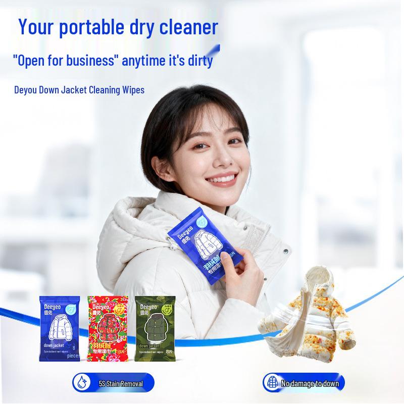 Down Jacket Cleaning Wipes - 8-Pack: Quick 5-Second Stain Removal, No-Rinse, Fragrance-Infused, Anti-Mildew, Safe for Down Fabric. 24 wipes total