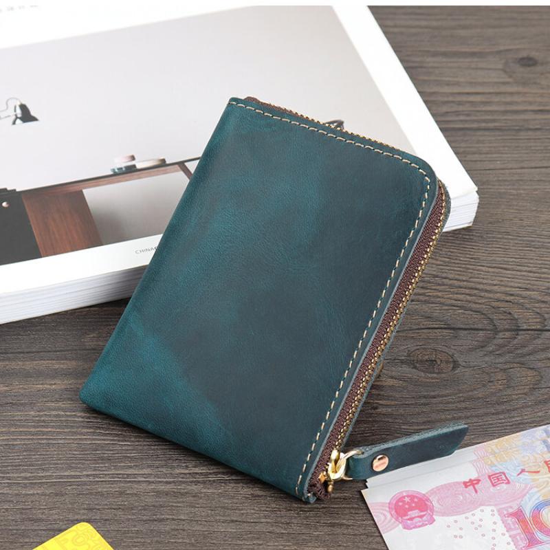 Handmade Crazy Horse Leather Wallet Retro Small Coin Money Bags Simple Wallets Zipper Pouch Card Holdes