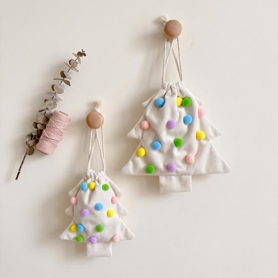 Christmas Tree Hanging Ornaments Drawstring Gift Bag, Plush Pom Bell Small Trinket Bags with Ornament, Reusable Candy Pouch Decor for Holiday