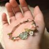 Vintage Brown Braided Bracelet with Pink Floral & Natural Green Crystals, Hemp Cord Accent