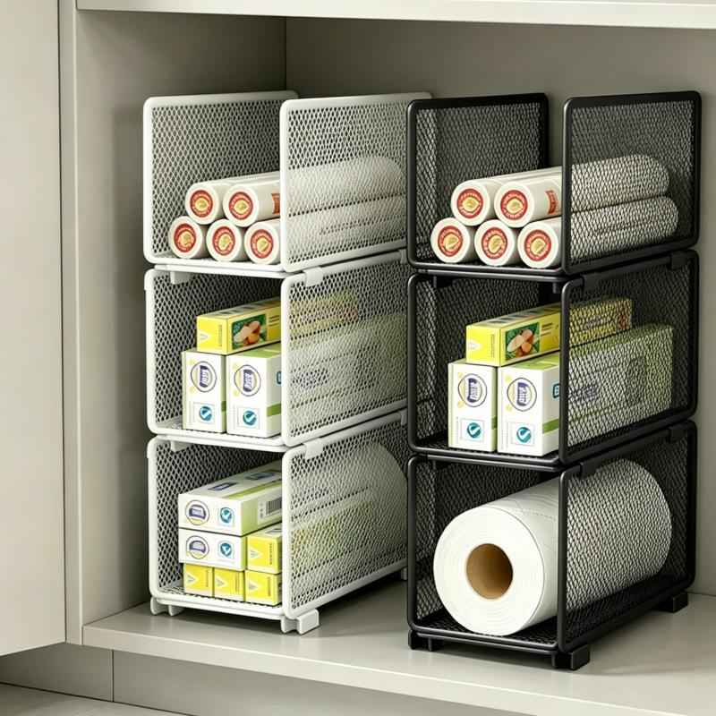Stackable Kitchen Cabinet Organizer Rack, Iron Mesh Storage Shelf for Plastic Wrap, Paper Rolls and Boxed Supplies