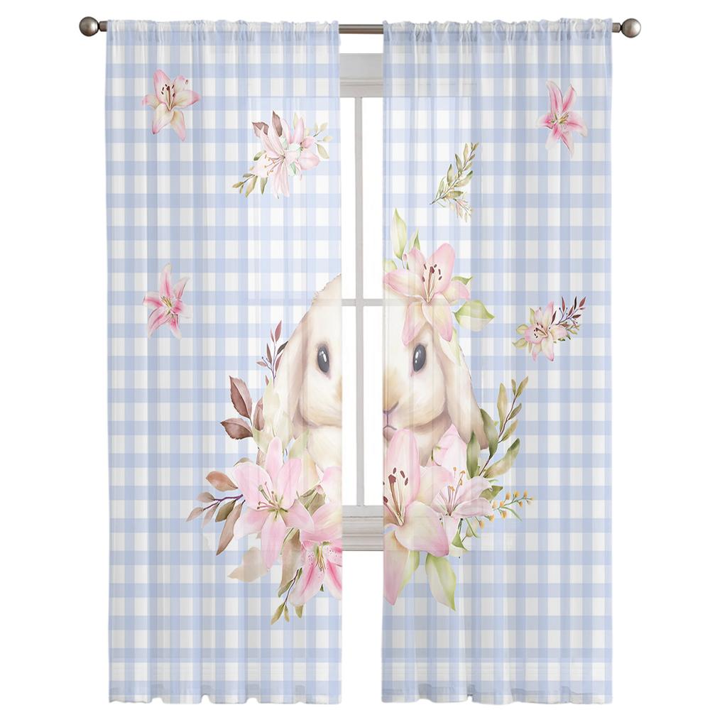 Easter Bunny Floral Plaid Tulle Curtains For Living Room Bedroom Voile Sheer Curtain Window Home Decor Drapes