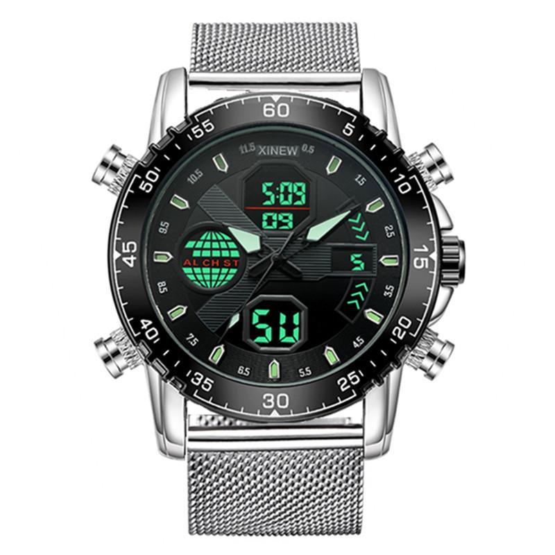 

Мужские многофункциональные спортивные часы с браслетом из нержавеющей стали серебряный