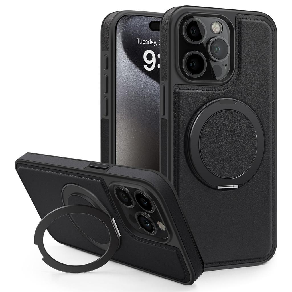 For iPhone 15 Pro Case with Ring Kickstand Compatible with MagSafe PU Leather Back Cover