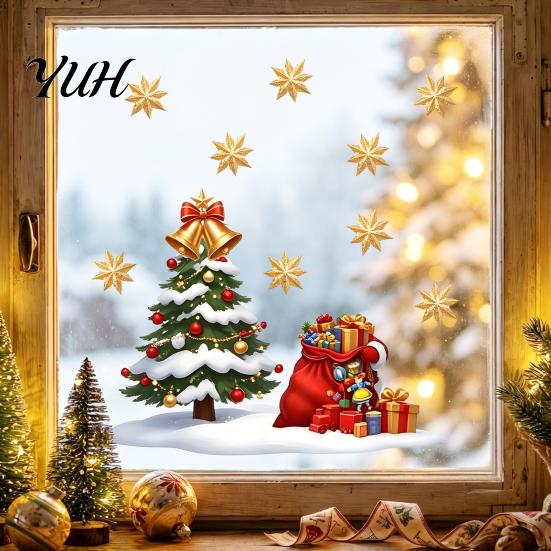Creative Christmas Glass Clings Window Static Sticker, Snowman Tree Pattern PVC Decal, Waterproof Easy Peel Stickers Reusable Festive Wall for Living