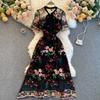 French niche Hepburn style skirt new contrasting color bow collar short sleeve thin embroidered flower dress