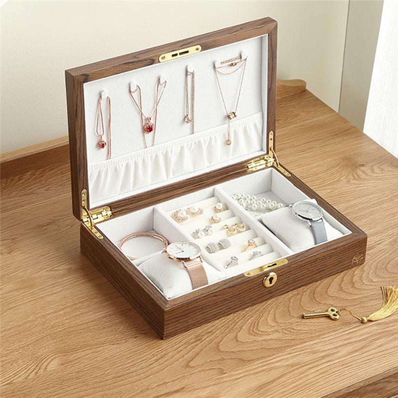 Good-1 Piece Wooden Flip Jewelry Organizer Box Jewelry Storage Gift Display Case Watch Earrings Ring Holder Jewellery Storage B