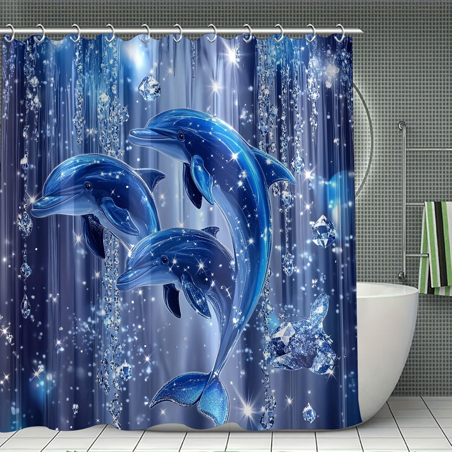 

1 шт. Занавеска для душа - Сверкающие дельфины с мерцающими бриллиантами в дизайне глубокого синего океана Водонепроницаемая W90XH180cm