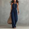 Women's Sleeveless Jumpsuit Linen Cotton Blend Wide Leg Relaxed Fit Casual Romper with Elastic Waist and Adjustable Straps for Summer