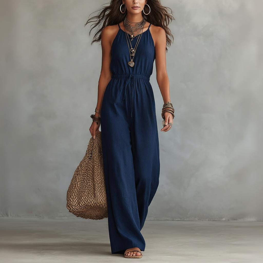 Women's Sleeveless Jumpsuit Linen Cotton Blend Wide Leg Relaxed Fit Casual Romper with Elastic Waist and Adjustable Straps for Summer