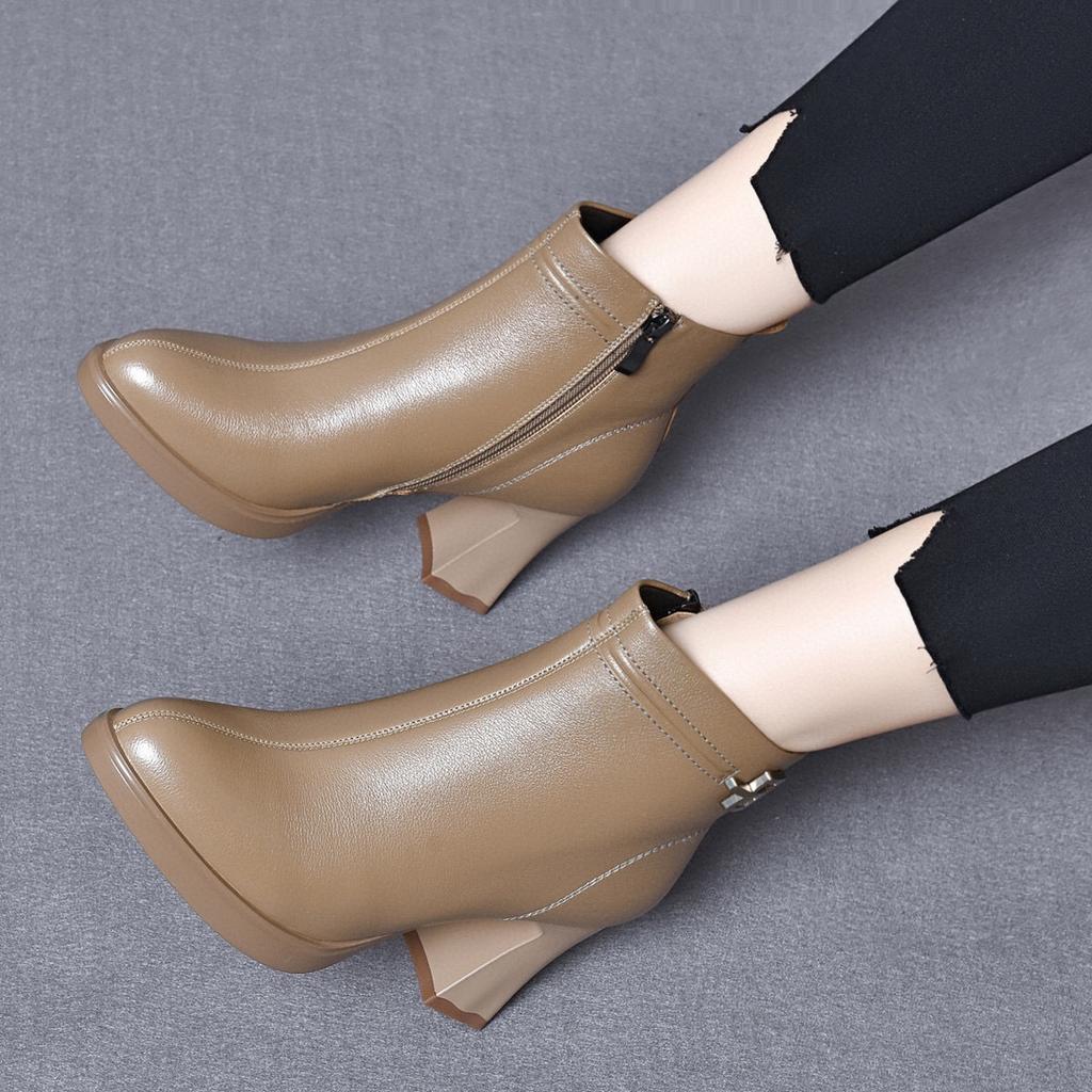 Leather boots women's new pointed waterproof table thick heel high heel fashion boots top layer cowhide cotton boots