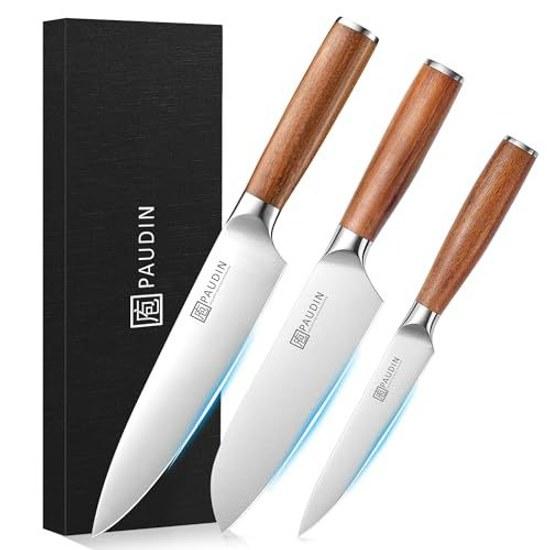 2026 Model PAUDIN Knife 3-Piece Set Santoku Gyuto Petty 5Cr15MoV High Carbon Stainless Steel Natural Wood Handle Double-Edged Household Versatile Gift