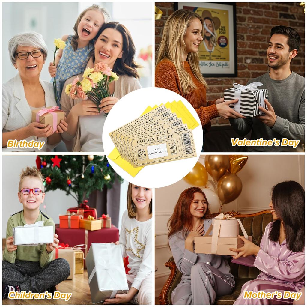 3pcs/set Golden Ticket Scratch Card Scratch-off Travel Ticket Set with Envelopes Surprise Reveal Ticket Gift for Valentine's Day