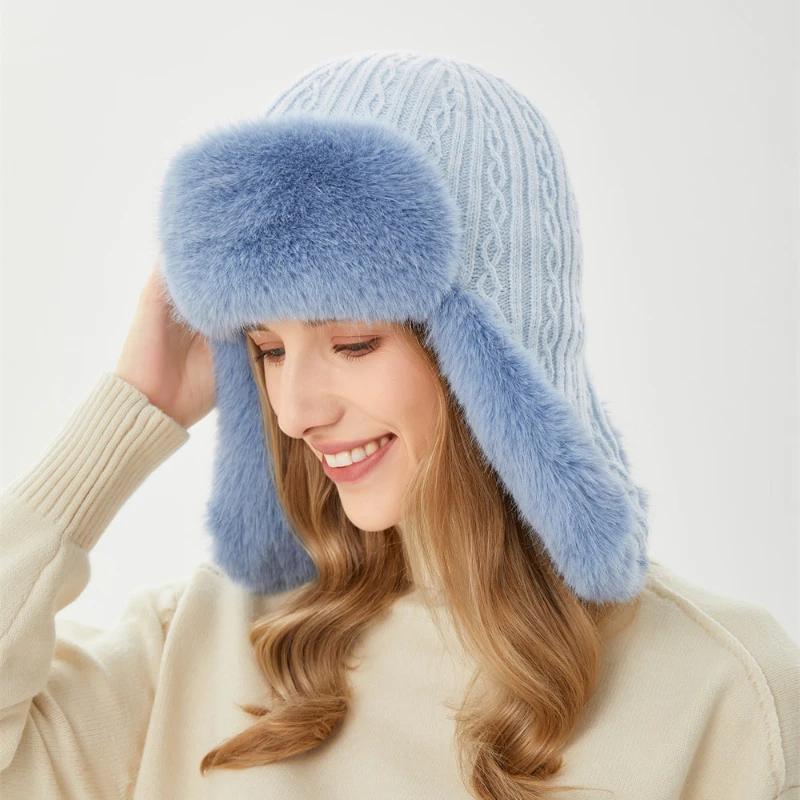 Женская новая зимняя шапка-бомбер из искусственного меха кролика, шапки-ушанки, лыжные шапки, теплые шапки-ушанки