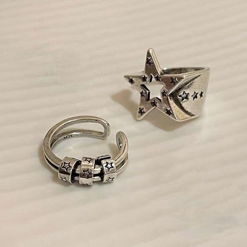 Vintage Gothic Pentagram Star Alloy Open Rings For Women Men  Jewelry Punk Silver Color Adjustable Finger Ring