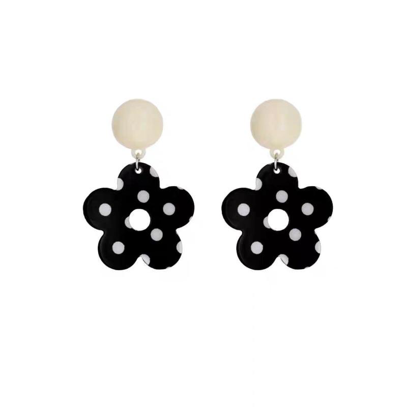 Retro HK Style Black & White Polka Dot Oval Floral Earrings