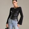 Autumn Bell Sleeve Faux Leather Patchwork Knit Top for Women