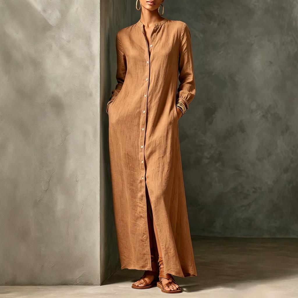 Leinen Baumwolle Stehkragen Maxikleid Knopfleiste Überwurf Tunika Kleid Mit Taschen Seitenschlitz Locker Langes Hemdkleid Strandurlaub Lässig Tägliche Kleidung