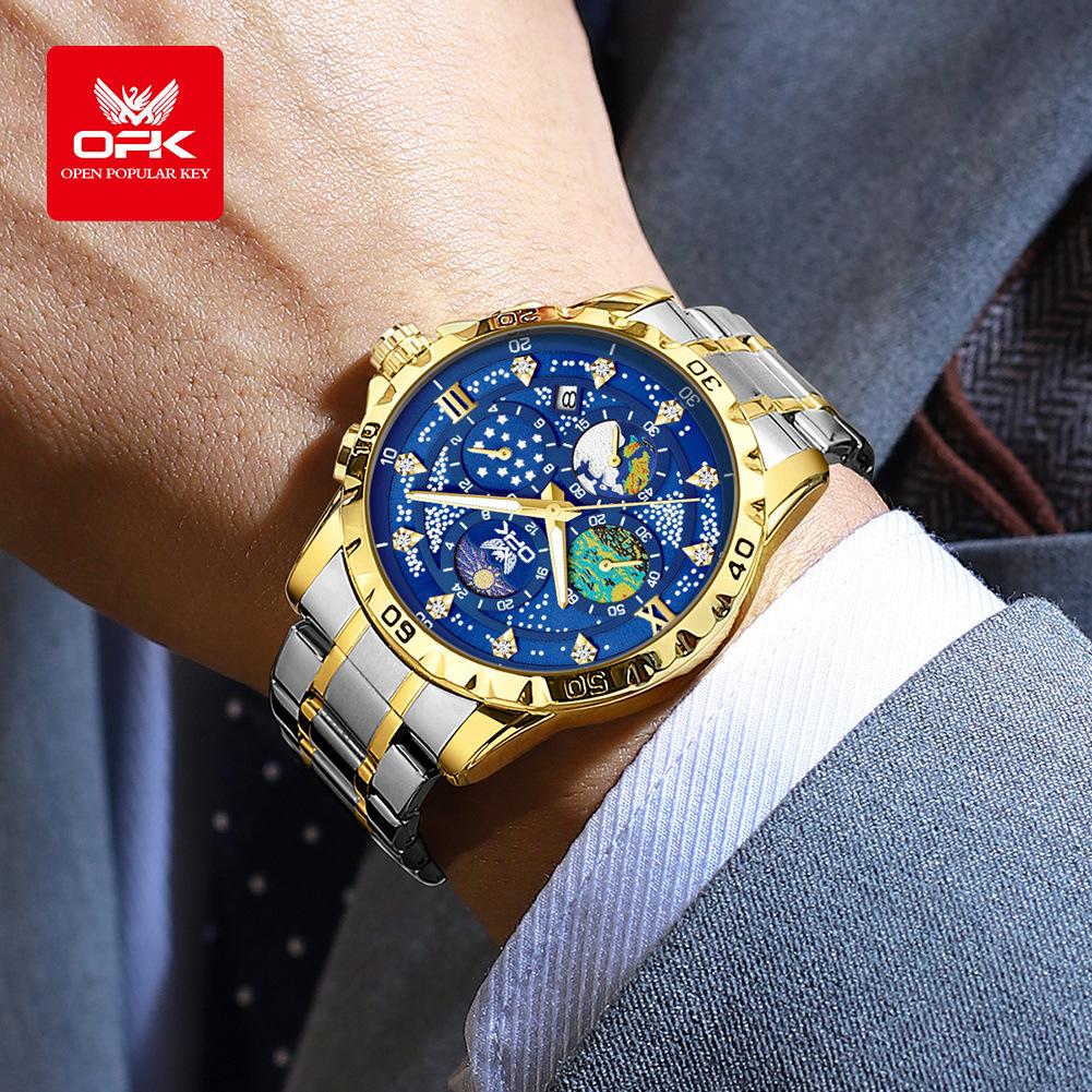 OPK Moon Phase Men's Watches Multi-function Timing Stainleess Steel Luminous Waterproof Watch for Man