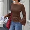 Women Ribbed Pullover Long Sleeve Casual Top Boat Neck Flared Sleeve Stretch Knit Shirt Slim Fit