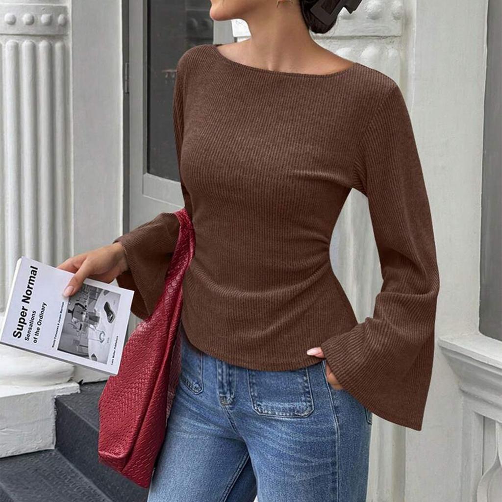 Women Ribbed Pullover Long Sleeve Casual Top Boat Neck Flared Sleeve Stretch Knit Shirt Slim Fit