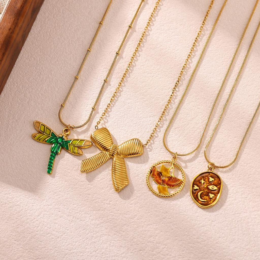 Vintage Enamel Dragonfly Bow Charm Star Moon Pendant Necklace Gold Color Dainty Ginkgo Leaf Choker For Women Boho Jewelry Gifts