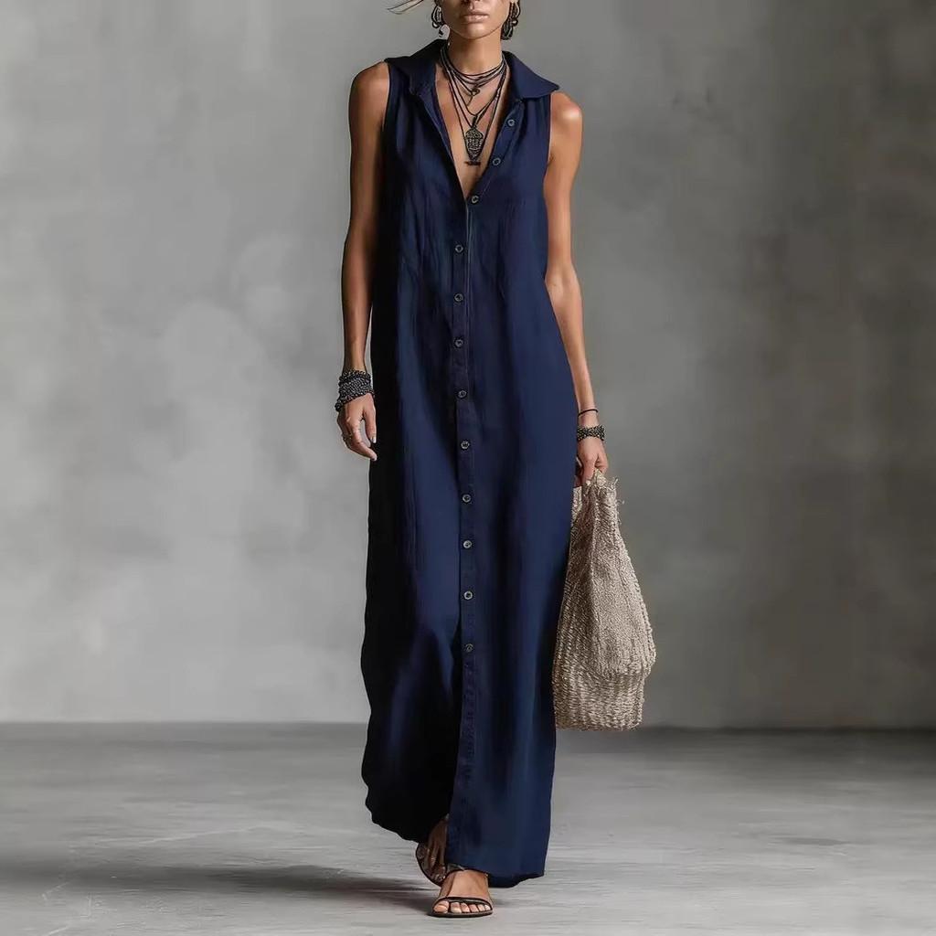 Long Sleeveless Spliced Dress With Polo Collar For Casual Travel And Streetwear