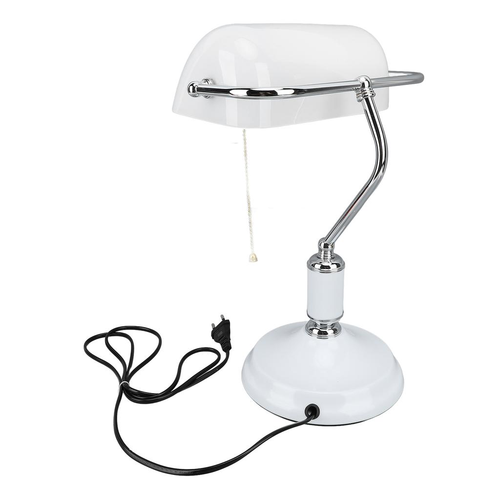 Bankers Table Lamp White Glass Vintage Style Desk Lamp with Retro Pull Chain Switch Reading Table