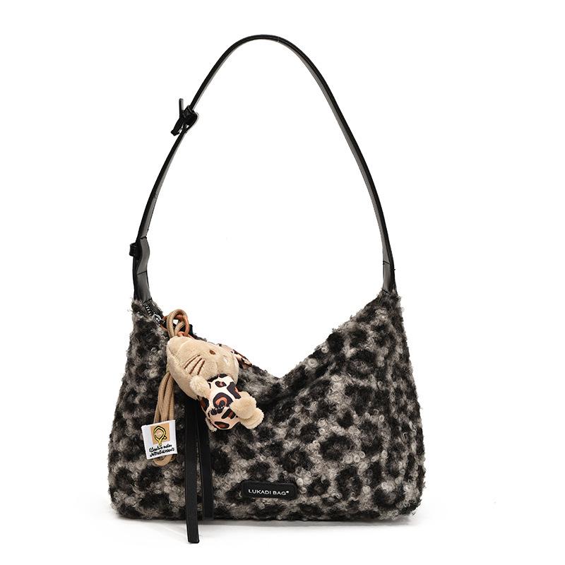 

Retro Lambswool Leopard Print Shoulder/Crossbody Bag - Large Capacity Adjustable Fashion Backpack for Autumn/Winter. Without Charm