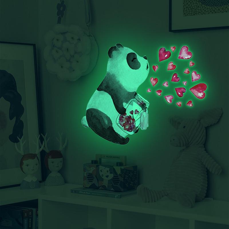 Cartoon Panda Baby Heart Wall Sticker Bedroom For Home Decoration Kids Room Wallpaper Glow In The Dark Self-adhesive Stickers
