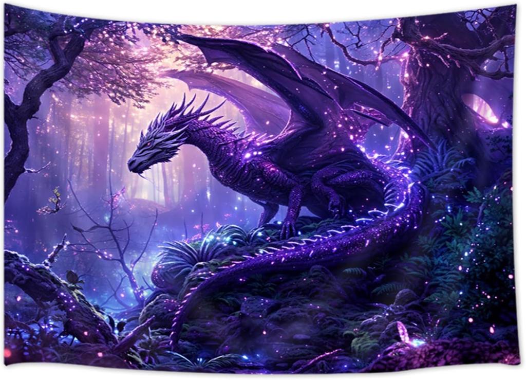 Purple Dragon Tapestry Medieval Fantasy Animal Cool Tapestry Wall Hanging For Bedroom Aesthetic, Psychedelic Magic Forest Tree