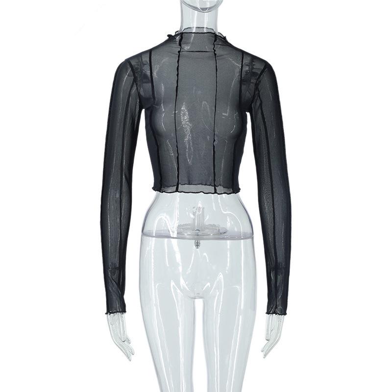 European Style Women s Sexy Round Neck Long Sleeve Mesh See-Through Cropped Top, 2026 Collection. L