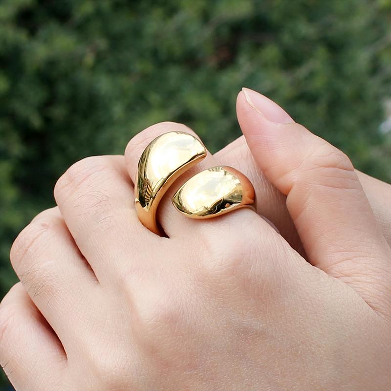 Waterproof Simple Stainless Steel 18k Gold Plated Pear-shaped Open Adjustable Ring Shiny Wide Irregular Design Jewelry for Women