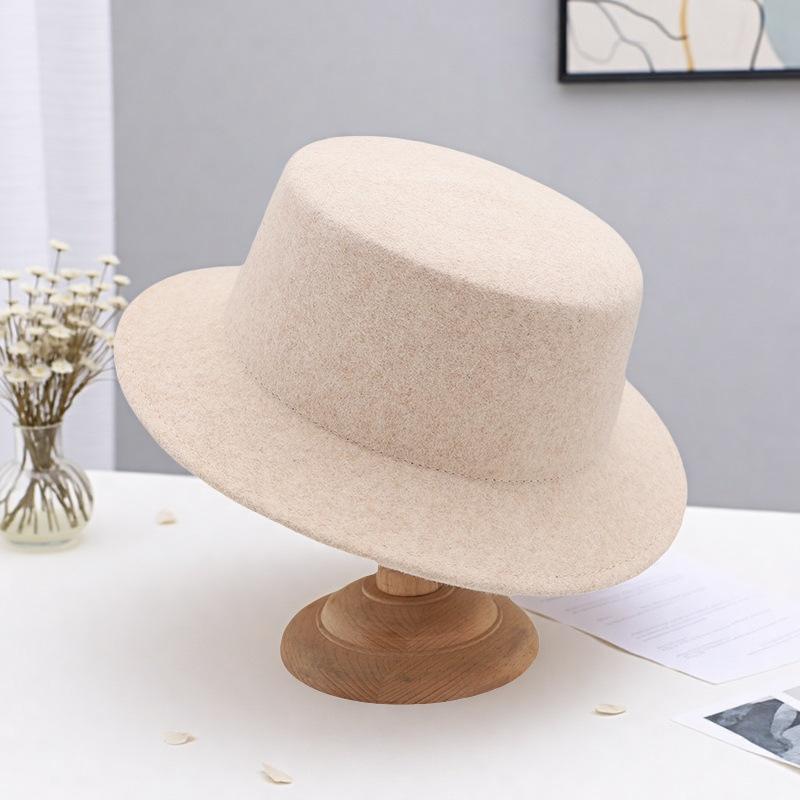 Autumn And Winter New White Light Board Wool Top Hat Women'S Versatile Flat Top Width Along The British Fashion Simple French Felt Hat