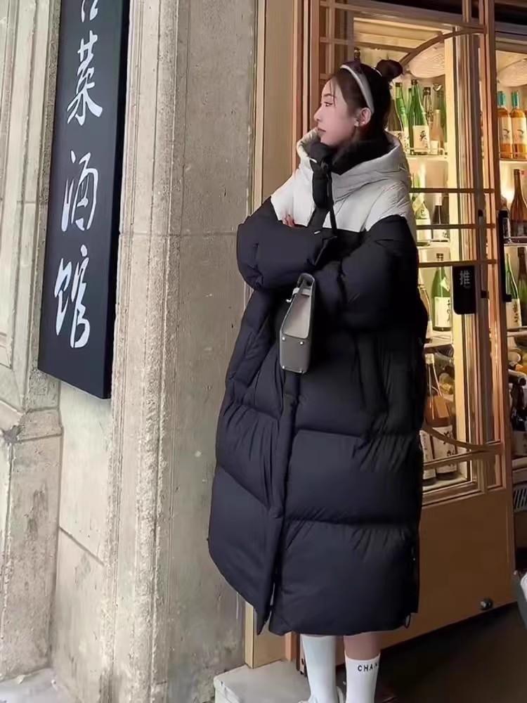 

Новое зимнее утепленное пальто на белом утином пуху, корейское свободное длинное пальто выше колена, модное модное пуховое пальто с капюшоном M чёрный