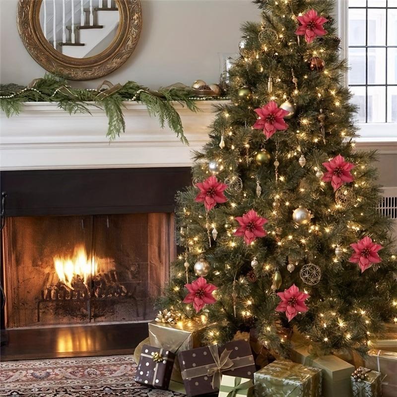 5/10Pcs Glitter Christmas Decoration 13cm Artificial Flowers Xmas Tree Ornament for Home Decor Navidad New Year 2026 Accessories