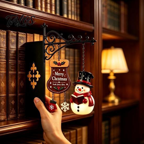 Festive Reading Nook Accents Christmas Bookshelf Hanging Light, Snowman Book Lamp, Metal Decorative Supports Floating Library Lantern Decor,