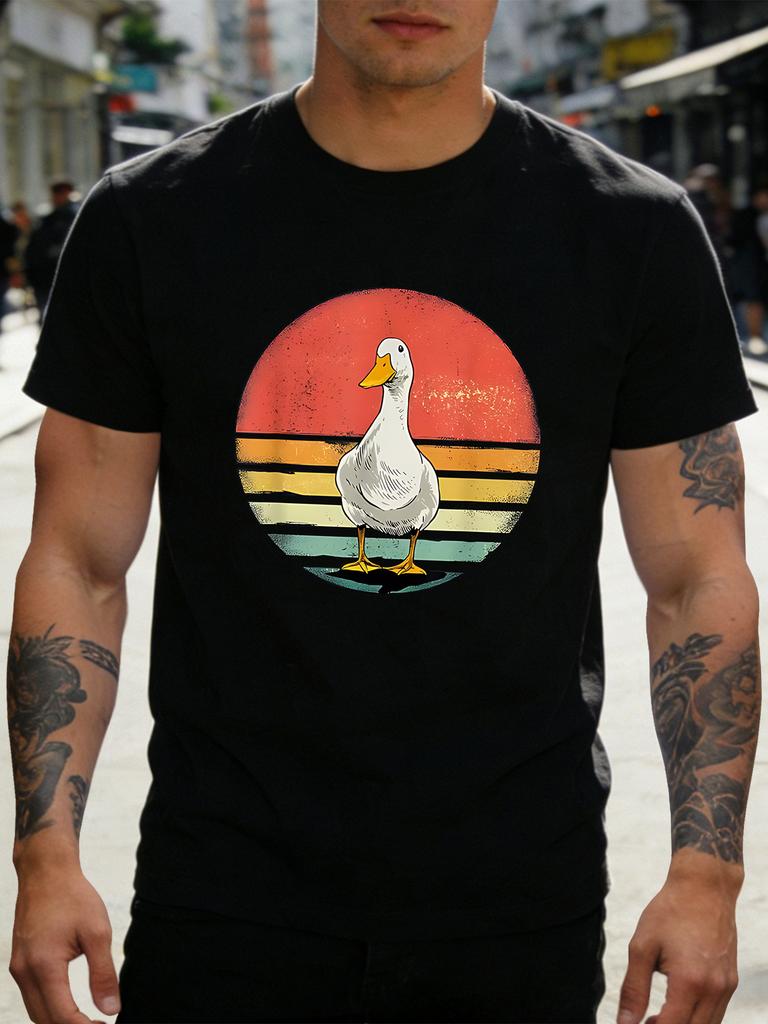 Vintage Retro Sunset White Duck Graphic Unisexs Short Sleeve T Shirt Farm Animal Crew Neck Soft Cotton Casual Outdoor Top For Unisex