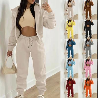 3 Piece Sets Hoodies+Ribbed Tank+High Waist  Casual Long Sleeve Zip Women Sweatpants Jogger Pant Suits Plus Size
